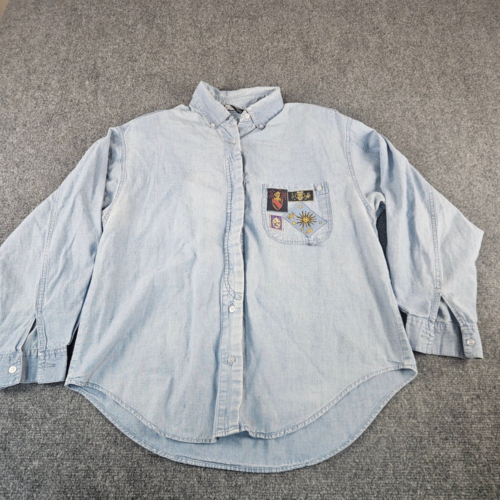 Ashleigh Morgan‎ Vintage Denim Shirt Light Wash Celestial Patches Womens Medium